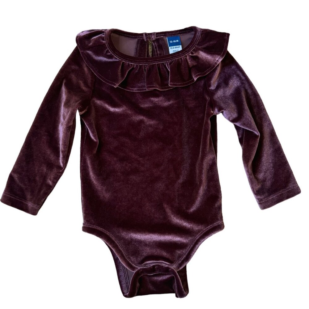 Old Navy Baby Girl Ruffle Velvet Bubble One Piece Romper 12-18M Long Sleeve Maro